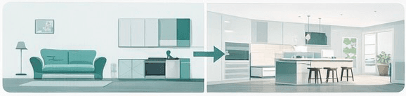 Before and after illustration of a kitchen renovation